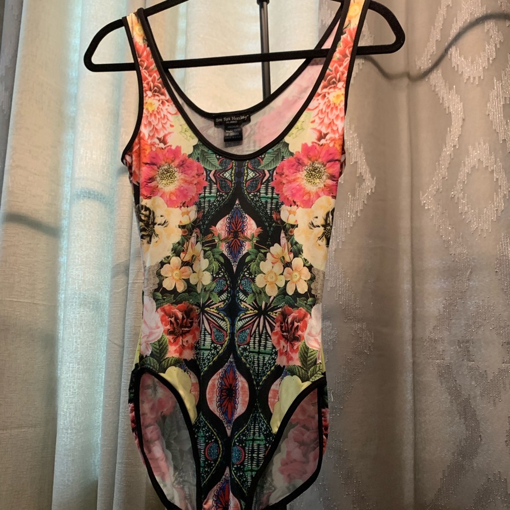 Pink white green floral body suit